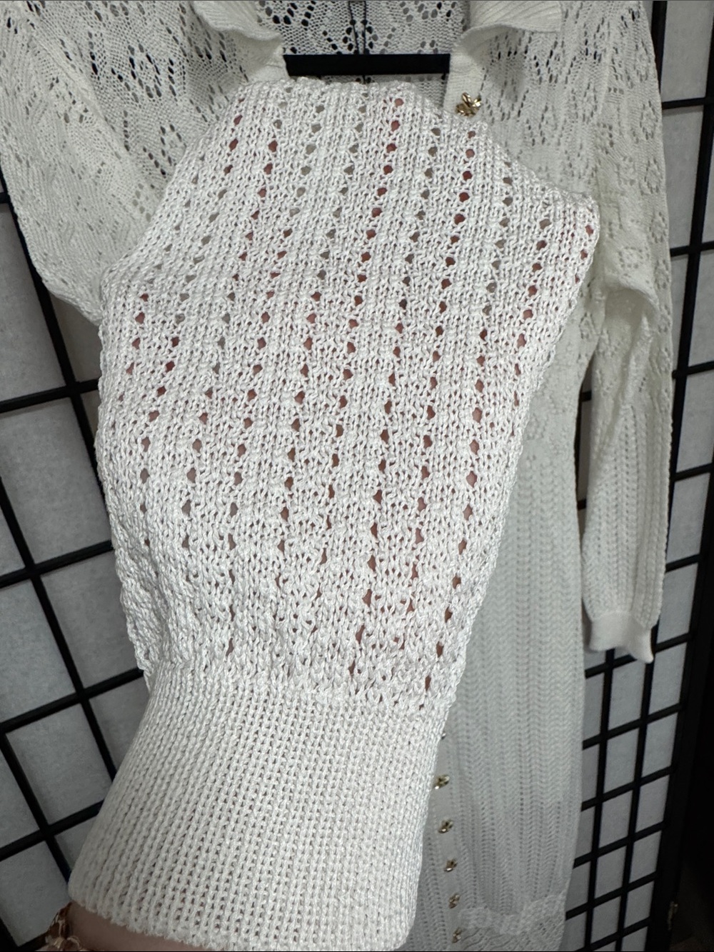 GENERATION LOVE Eleni Pointelle Knit Dress White L Gold Button Midi Cover Up - Picture 10 of 16